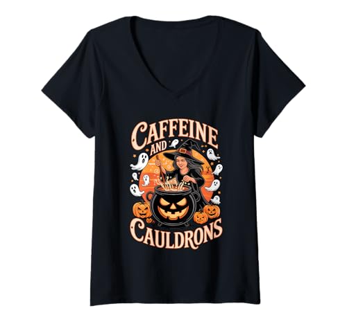 Damen Caffeine and Cauldrons Witches Coffee Potions Halloween T-Shirt mit V-Ausschnitt von Spooky Candy Pumpkin Squad