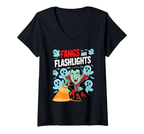 Damen Fangs and Flashlights Funny Vampires Ghost Hunting Halloween T-Shirt mit V-Ausschnitt von Spooky Candy Pumpkin Squad