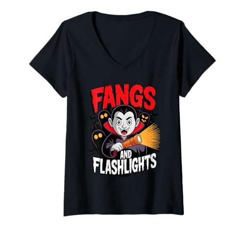 Damen Fangs and Flashlights Vampires Ghost Hunting Halloween T-Shirt mit V-Ausschnitt von Spooky Candy Pumpkin Squad