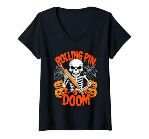 Damen Rolling Pin of Doom Funny Baking Skeletons Halloween T-Shirt mit V-Ausschnitt von Spooky Candy Pumpkin Squad