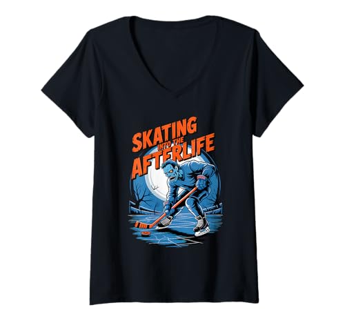 Damen Skating into The Afterlife Funny Hockey Zombies Halloween T-Shirt mit V-Ausschnitt von Spooky Candy Pumpkin Squad