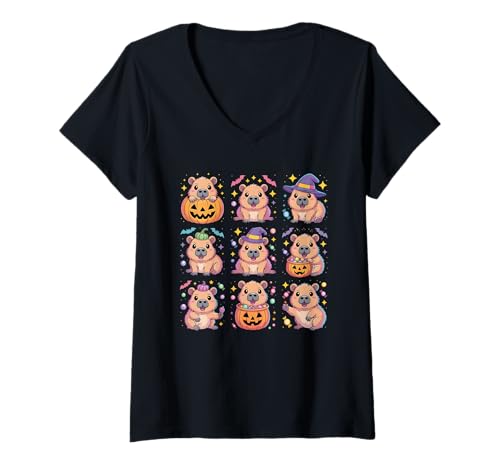 Damen Halloween Capybara Kürbis Kawaii Hexenkostüm T-Shirt mit V-Ausschnitt Damen Halloween Capybara Kürbis Kawaii Hexenkostüm T-Shirt mit V-Ausschnitt von Spooky Capybara Animal Halloween Gifts