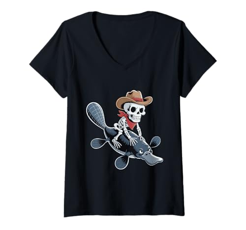 Damen Schnabeltier Cowboy Skelett Halloween T-Shirt mit V-Ausschnitt von Spooky Carpenter Sharks for Kids Schnabeltier