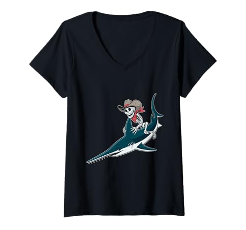 Damen Sawfish Cowboy Skelett Halloween T-Shirt mit V-Ausschnitt von Spooky Carpenter Sharks for Kids