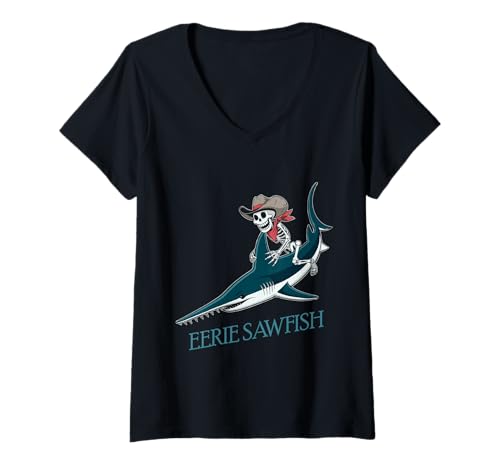 Damen Sawfish Cowboy Skelett Halloween T-Shirt mit V-Ausschnitt Damen Sawfish Cowboy Skelett Halloween T-Shirt mit V-Ausschnitt von Spooky Carpenter Sharks for Kids