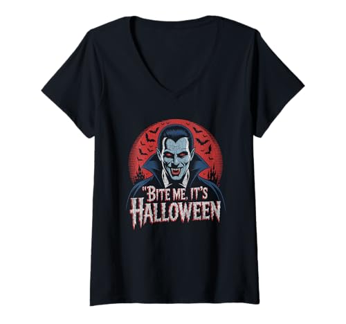 Damen Vampir mit roten Augen und Fledermäusen Spruch Bite Me It's Halloween T-Shirt mit V-Ausschnitt Damen Vampir mit roten Augen und Fledermäusen Spruch Bite Me It's Halloween T-Shirt mit V-Ausschnitt von Spooky Castle Co.
