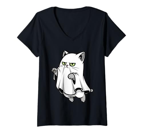 Damen Lustiges Geisterkatzen-Meme-T-Shirt sarkastischer Halloween-Katzenliebhaber T-Shirt mit V-Ausschnitt Damen Lustiges Geisterkatzen-Meme-T-Shirt sarkastischer Halloween-Katzenliebhaber T-Shirt mit V-Ausschnitt von Spooky Cat Co.