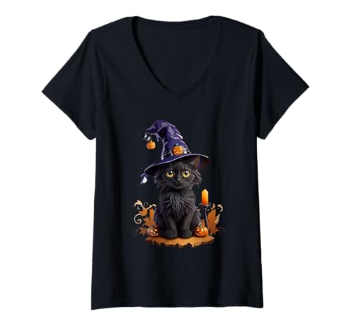 Damen Vintage Schwarze Katze Halloween T-Shirt mit V-Ausschnitt Damen Vintage Schwarze Katze Halloween T-Shirt mit V-Ausschnitt von Spooky Cat Co.