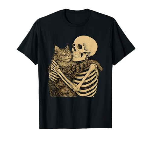 Skelett umarmende Katze Halloween Katzenliebhaber Gruselige Katze Mama Papa T-Shirt von Spooky Cat Hug Skeleton Skull Cat Graphic