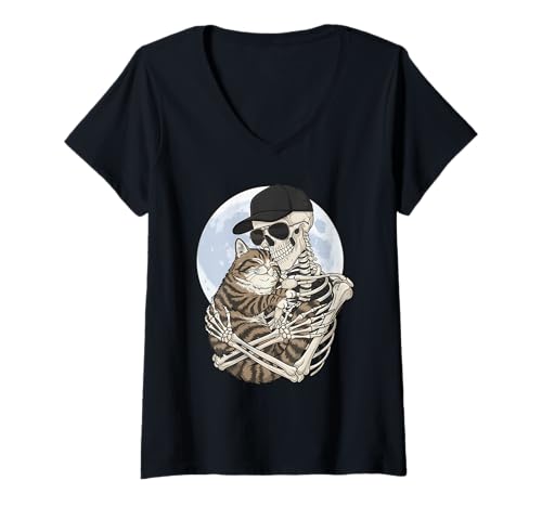 Damen Skelett Umarmung Katze Papa Mama Lustig Niedlich Halloween Mond Schädel T-Shirt mit V-Ausschnitt von Spooky Cat Lover Family Apparel
