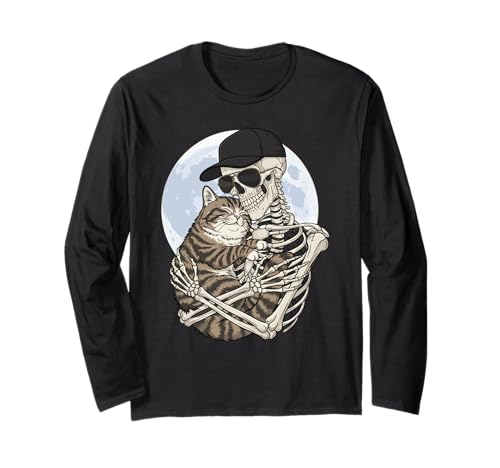 Skelett Umarmung Katze Papa Mama Lustig Niedlich Halloween Mond Schädel Langarmshirt von Spooky Cat Lover Family Apparel