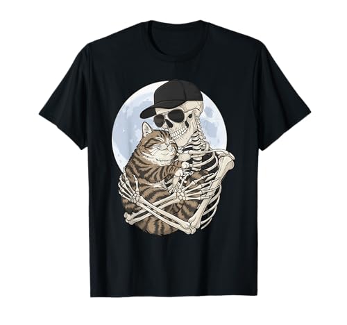 Skelett Umarmung Katze Papa Mama Lustig Niedlich Halloween Mond Schädel T-Shirt von Spooky Cat Lover Family Apparel