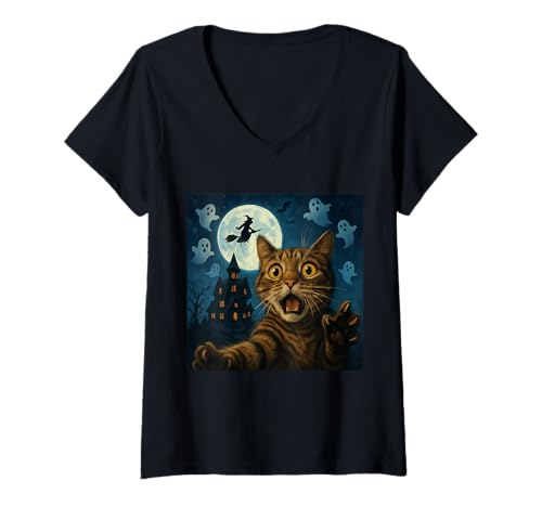 Damen Halloween Cat Selfie with Scary House T-Shirt mit V-Ausschnitt Damen Halloween Cat Selfie with Scary House T-Shirt mit V-Ausschnitt von Spooky Cat Selfie Memory For Halloween Gift