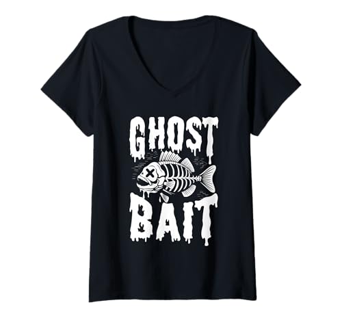 Damen Ghost Bait Skelett Fisch Design T-Shirt mit V-Ausschnitt Damen Ghost Bait Skelett Fisch Design T-Shirt mit V-Ausschnitt von Spooky Catch Creations