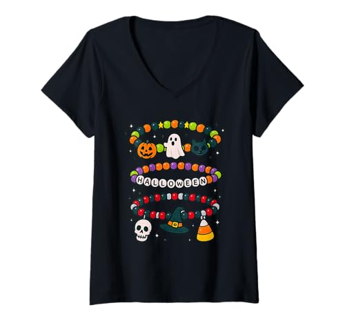 Damen Halloween-Freundschaftsarmband, Perlen-Charm-Design T-Shirt mit V-Ausschnitt Damen Halloween-Freundschaftsarmband, Perlen-Charm-Design T-Shirt mit V-Ausschnitt von Spooky Charm Studio