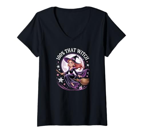 Damen Diese Hexenzauber, die am Mond vorbeifliegt, Halloween T-Shirt mit V-Ausschnitt von Spooky Chic Apparel Gifts by Anastasia