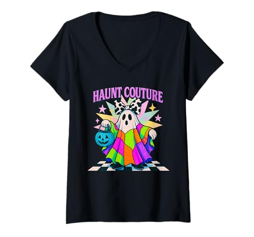Damen Haunt Couture Ghost Patchwork im Retro-Halloween-Design T-Shirt mit V-Ausschnitt Damen Haunt Couture Ghost Patchwork im Retro-Halloween-Design T-Shirt mit V-Ausschnitt von Spooky Chic Collective
