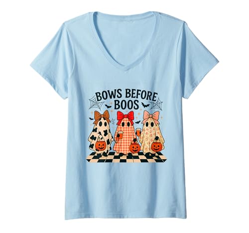 Damen Bows Before Boos Süßes Geister-Halloween-Kostüm-Design T-Shirt mit V-Ausschnitt Damen Bows Before Boos Süßes Geister-Halloween-Kostüm-Design T-Shirt mit V-Ausschnitt von Spooky Chic Ghostly Styles