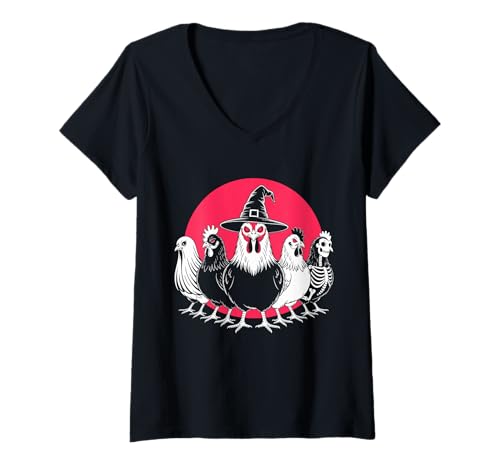 Damen Halloween Lustiges Gruseliges Huhn Kostüm Männer Frauen T-Shirt mit V-Ausschnitt von Spooky Chicken And Friends Apparel
