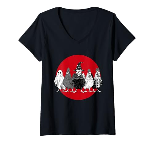 Damen Halloween Lustiges Gruseliges Huhn Kostüm Männer Frauen T-Shirt mit V-Ausschnitt von Spooky Chicken Coop Crew
