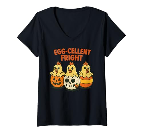 Damen Egg-Cellent Fright Funny Halloween Chickens Design T-Shirt mit V-Ausschnitt von Spooky Chicken Pun Halloween Art for Poultry Fans