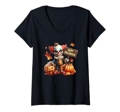 Damen Gruseliger Clown hält Happy Halloween Schild T-Shirt mit V-Ausschnitt von Spooky Clown Pumpkin Halloween Vibes