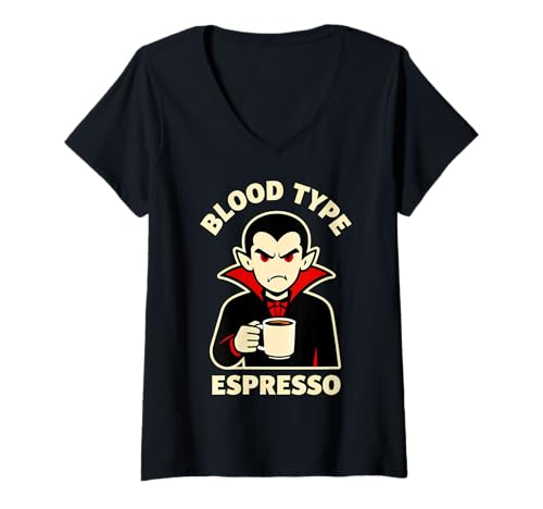 Damen Lustiger Vampir Kaffee Halloween T-Shirt mit V-Ausschnitt Damen Lustiger Vampir Kaffee Halloween T-Shirt mit V-Ausschnitt von Spooky Coffee Gothic Humor Halloween Easy Costumes