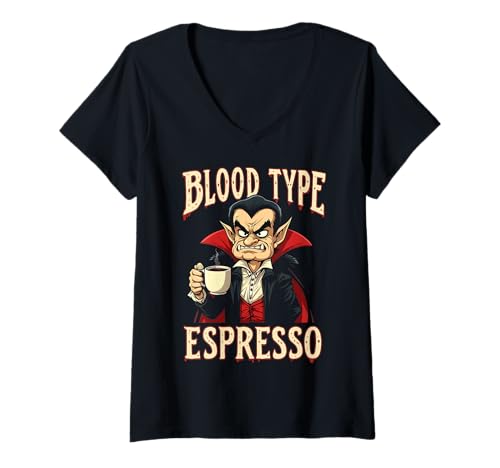 Damen Lustiger Vampir Kaffee Halloween T-Shirt mit V-Ausschnitt Damen Lustiger Vampir Kaffee Halloween T-Shirt mit V-Ausschnitt von Spooky Coffee Humor Halloween Easy Costume Tees