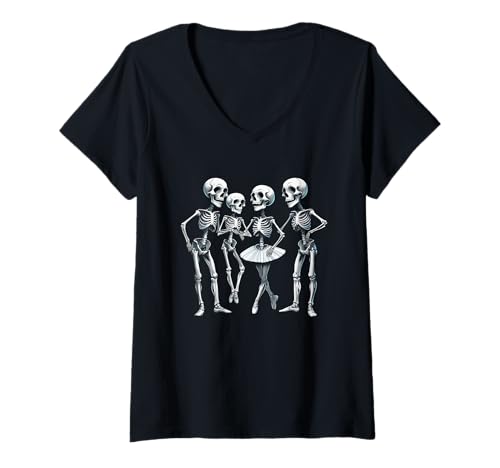 Damen Halloween Ballett Basic Junge und Mädchen Skelette und EIN Tutu T-Shirt mit V-Ausschnitt Damen Halloween Ballett Basic Junge und Mädchen Skelette und EIN Tutu T-Shirt mit V-Ausschnitt von Spooky Cool Ballerina Dancer Trick Treat Fun CLR