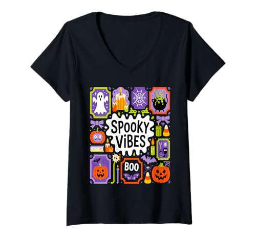 Damen Geisterhafte Coquette Halloween Stimmung Boo Crew T-Shirt mit V-Ausschnitt von Spooky Coquette Halloween Collection