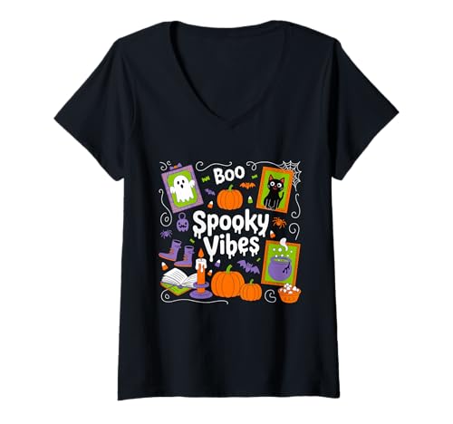Damen Gruselsaison Coquette Halloween Flair Boo Crew T-Shirt mit V-Ausschnitt von Spooky Coquette Halloween Collection