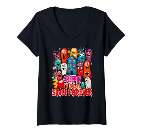 Damen Creep in it real Since Forever T-Shirt mit V-Ausschnitt von Spooky Creep Real Fun Forever Laughter Tiny