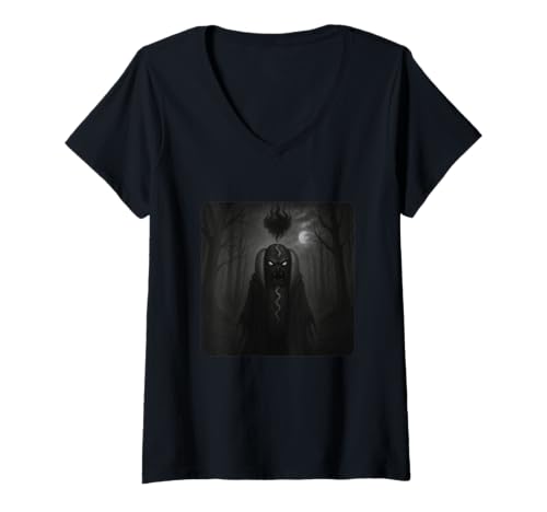 Damen Hot Dog Sensenmann Umhang Gruseliges Horror Herz Halloween T-Shirt mit V-Ausschnitt von Spooky Creepy Ghostly Gothic Terrifying Heartbreak