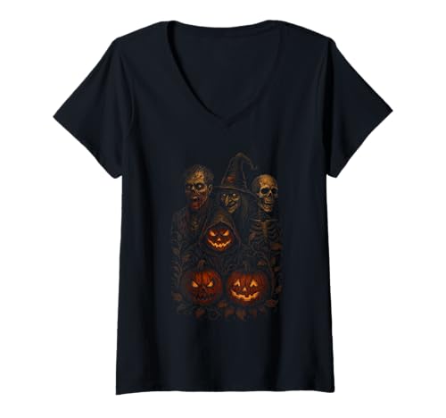 Damen Gruseliges Halloween Gruseliger Kürbis Gruselige Hexe Zombie Skelett T-Shirt mit V-Ausschnitt von Spooky Creepy Scary Horror Gothic Halloween Design