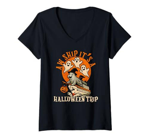 Damen Gruseliges Kreuzfahrtschiff Aw Ship It's A Halloween Trip Halloween T-Shirt mit V-Ausschnitt von Spooky Cruise Ship Aw Ship It's A Halloween Trip