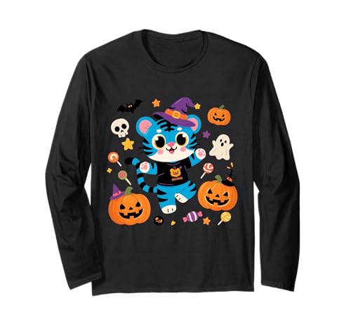Lustiger Derpy Tiger und Sussie Bird Halloween Erwachsene Kind Herren Langarmshirt von Spooky Cute Animals for Halloween Tee