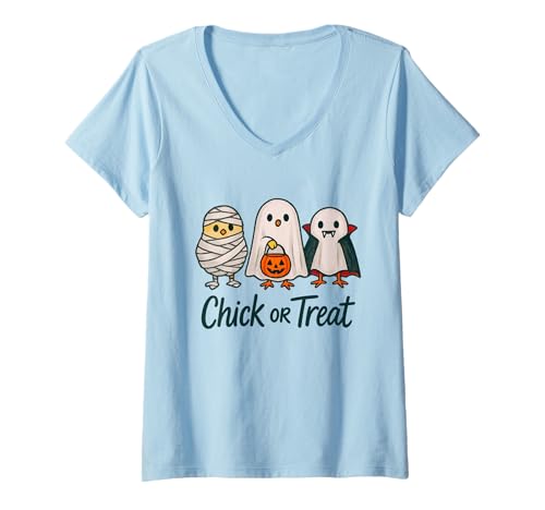 Damen Chick or Treat Süßer Halloween-Geistervampir T-Shirt mit V-Ausschnitt Damen Chick or Treat Süßer Halloween-Geistervampir T-Shirt mit V-Ausschnitt von Spooky Cute Apparel Co.