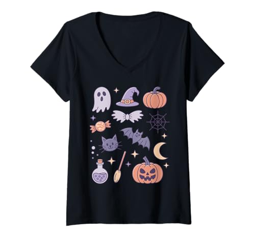 Damen Süße Pastell Halloween Kawaii Spooky Saison Coastal Coquette T-Shirt mit V-Ausschnitt Damen Süße Pastell Halloween Kawaii Spooky Saison Coastal Coquette T-Shirt mit V-Ausschnitt von Spooky Cute Apparel