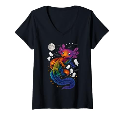 Damen Halloween Kawaii Axolotl – Spukige Geister & Kürbisse T-Shirt mit V-Ausschnitt Damen Halloween Kawaii Axolotl – Spukige Geister & Kürbisse T-Shirt mit V-Ausschnitt von Spooky Cute Axolotl & Halloween Designs