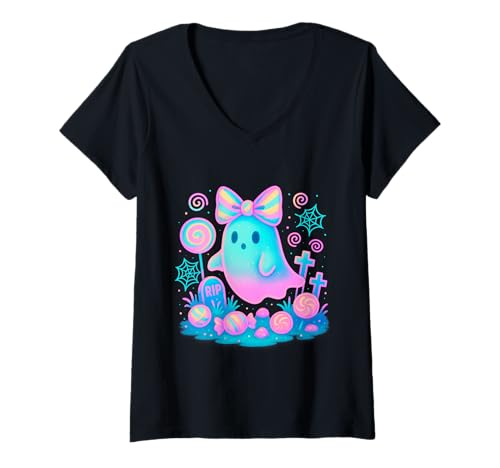 Damen Pastell Kawaii Geist mit Süßigkeiten und Schleife T-Shirt mit V-Ausschnitt Damen Pastell Kawaii Geist mit Süßigkeiten und Schleife T-Shirt mit V-Ausschnitt von Spooky Cute Creations