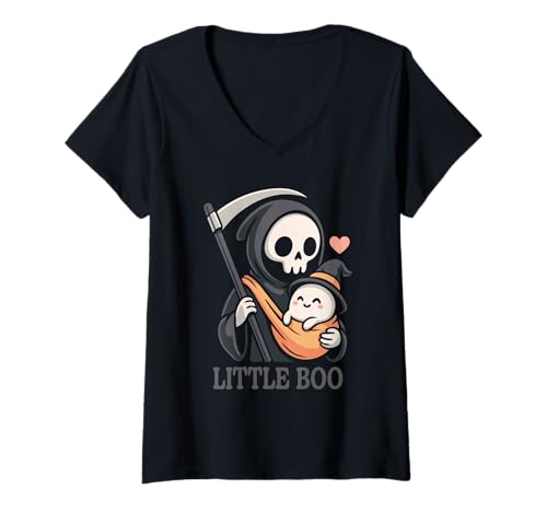 Damen Halloween Sensenmann mit Babygeist Süßes Motiv und Herz T-Shirt mit V-Ausschnitt Damen Halloween Sensenmann mit Babygeist Süßes Motiv und Herz T-Shirt mit V-Ausschnitt von Spooky Cute Designs by Christine-Krahl