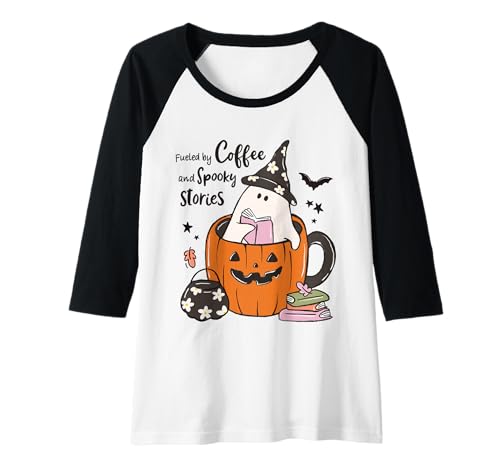 Damen Fueled by Coffee Spooky Stories Ghost Pumpkin Tasse Halloween Raglan von Spooky Cute Ghost Halloween Squad Matching Apparel
