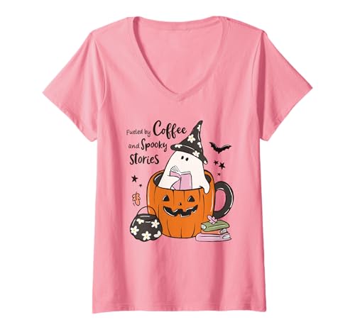 Damen Fueled by Coffee Spooky Stories Ghost Pumpkin Tasse Halloween T-Shirt mit V-Ausschnitt von Spooky Cute Ghost Halloween Squad Matching Apparel