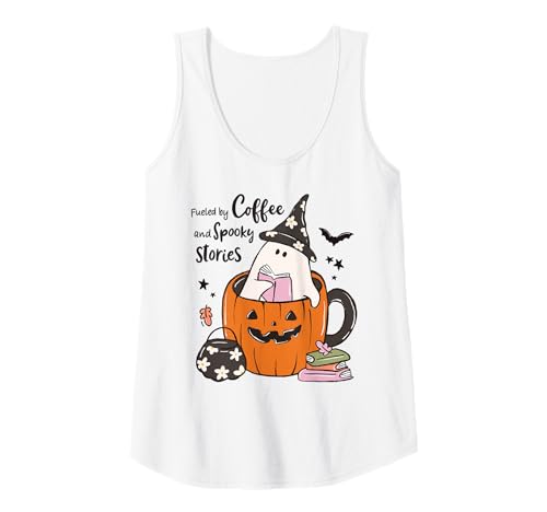 Damen Fueled by Coffee Spooky Stories Ghost Pumpkin Tasse Halloween Tank Top von Spooky Cute Ghost Halloween Squad Matching Apparel
