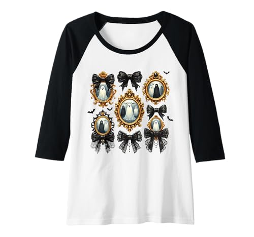 Damen Gothic Ghost Vintage Spukporträts Schleifen Fledermäuse Halloween Raglan von Spooky Cute Ghost Halloween Squad Matching Apparel