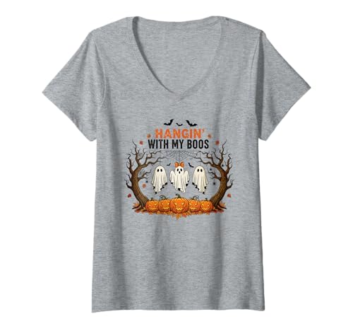 Damen Halloween Hangin' with My Boos Funny Ghost Pumpkin Spooky T-Shirt mit V-Ausschnitt von Spooky Cute Ghost Halloween Squad Matching Apparel