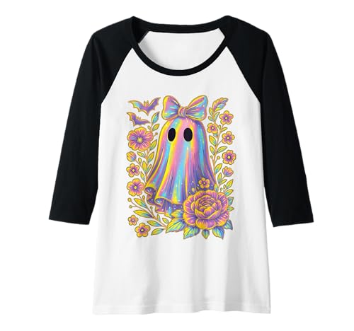 Damen Kawaii Pastell Regenbogen Geist Blumen Fledermäuse Halloween Ästhetik Raglan von Spooky Cute Ghost Halloween Squad Matching Apparel