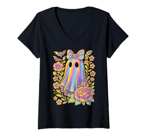 Damen Kawaii Pastell Regenbogen Geist Blumen Fledermäuse Halloween Ästhetik T-Shirt mit V-Ausschnitt von Spooky Cute Ghost Halloween Squad Matching Apparel