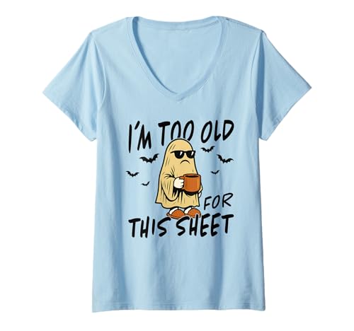 Damen Lustiges Geisterkaffee-Halloween-Kostüm, Lazy Morning Humor T-Shirt mit V-Ausschnitt von Spooky Cute Ghost Halloween Squad Matching Apparel