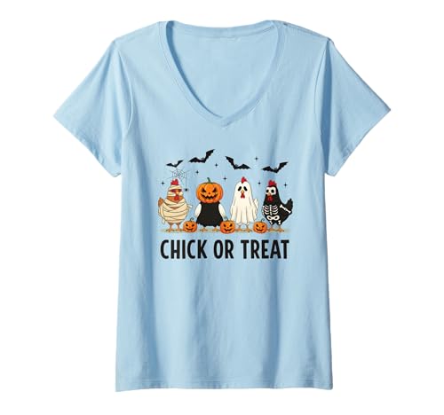 Damen Lustiges Küken oder Leckerli Halloween-Kostüm Kürbis Geist Mama T-Shirt mit V-Ausschnitt von Spooky Cute Ghost Halloween Squad Matching Apparel